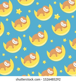 Vector pattern with kawaii cartoon sloths on a yellow moon on a blue background. Cute baby sloth sleeps on the moon and sees sweet dreams. Around shining yellow stars. Pattern for children's products.