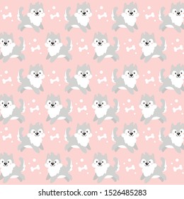 Vector pattern with kawaii cute dogs on a pink background. Joyful and happy cartoon puppies jump in different directions. Textiles for children's things.