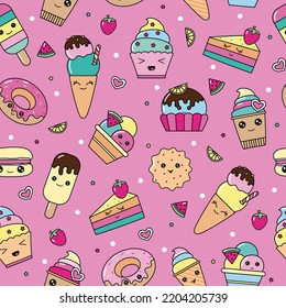 Vector Pattern Of Kawaii Dessert, Sweet And Dessert Doodle. Pattern Wiht Cute Cake, Sweet Donat, Cartoon Cookies And Macaron