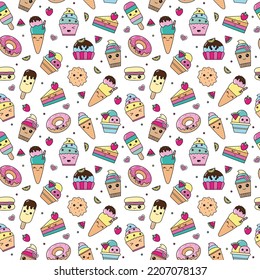 Vector Pattern Of Kawaii Dessert, Sweet And Dessert Doodle. Pattern Wiht Cute Cake, Sweet Donat, Cartoon Cookies And Macaron