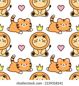 Vector pattern and kawaii lions   tiger  Cute animals background  EPS