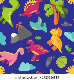 patrón vectorial para niños con dinosaurios de dibujos animados de diferentes tipos. Patrón transparente para la impresión en textiles.