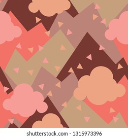 Vector pattern for kids. Colorful seamless triangle, clouds and mountains pattern. Perfect for greetings, invitations, manufacture wrapping paper, textile and web design. Vector pattern. Living coral.