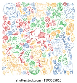 Vector pattern kids fabric, textile, nursery wallpaper. African pattern with tribal elements and animals for little children.