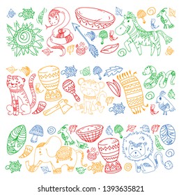 Vector pattern kids fabric, textile, nursery wallpaper. African pattern with tribal elements and animals for little children.