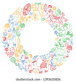 Vector pattern kids fabric, textile, nursery wallpaper. African pattern with tribal elements and animals for little children.