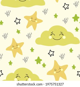Vector pattern for kids, great design for any purposes. Wallpaper, wrapping paper. Seamless vector texture with clouds and stars. 