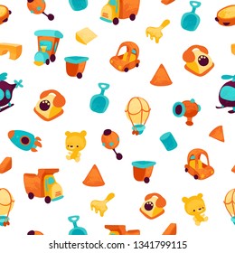Vector pattern with kids toys. Perfect for fabric, wallpaper, wrapping paper or nursery decor. 