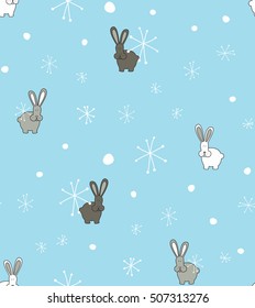 Vector pattern for kids. Winter seamless bunny and snowflakes pattern. Seamless pattern for fabric, wrapping paper or wallpaper. Vector print. Winter. Snow.