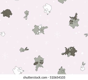 Vector pattern for kids. Winter seamless forest animal and snowflakes pattern. Seamless pattern for fabric, wrapping paper or wallpaper. Vector print. Winter. Snow. Bunny. Bear. Moose.