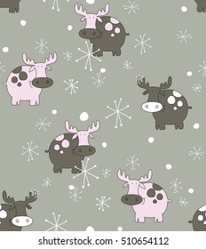 Vector pattern for kids. Winter seamless moose and snowflakes pattern. Seamless pattern for fabric, wrapping paper or wallpaper. Vector print. Winter. Snow.