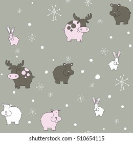 Vector pattern for kids. Winter seamless forest animal and snowflakes pattern. Seamless pattern for fabric, wrapping paper or wallpaper. Vector print. Winter. Snow. Bunny. Bear. Moose.