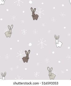 Vector pattern for kids. Winter seamless bunny and snowflakes pattern. Seamless pattern for fabric, wrapping paper or wallpaper. Vector print. Winter. Snow.