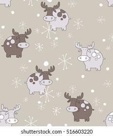Vector pattern for kids. Winter seamless moose and snowflakes pattern. Seamless pattern for fabric, wrapping paper or wallpaper. Vector print. Winter. Snow.