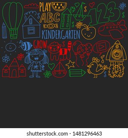 Vector pattern for kindergarten banners, posters with moon, planet, spaceship, rocket, sun, fruits, house, flowers. Creativity and imagination.