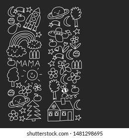 Vector pattern for kindergarten banners, posters with moon, planet, spaceship, rocket, sun, fruits, house, flowers. Creativity and imagination.