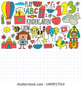 Vector pattern for kindergarten banners, posters with moon, planet, spaceship, rocket, sun, fruits, house, flowers. Creativity and imagination.