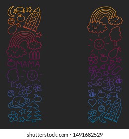 Vector pattern for kindergarten banners, posters with moon, planet, spaceship, rocket, sun, fruits, house, flowers. Creativity and imagination.