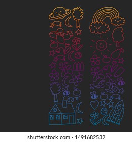 Vector pattern for kindergarten banners, posters with moon, planet, spaceship, rocket, sun, fruits, house, flowers. Creativity and imagination.
