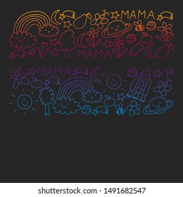 Vector pattern for kindergarten banners, posters with moon, planet, spaceship, rocket, sun, fruits, house, flowers. Creativity and imagination.