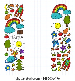 Vector pattern for kindergarten banners, posters with moon, planet, spaceship, rocket, sun, fruits, house, flowers. Creativity and imagination.