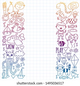 Vector pattern for kindergarten banners, posters with moon, planet, spaceship, rocket, sun, fruits, house, flowers. Creativity and imagination.