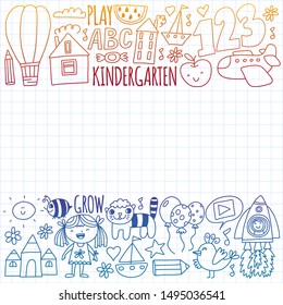 Vector pattern for kindergarten banners, posters with moon, planet, spaceship, rocket, sun, fruits, house, flowers. Creativity and imagination.