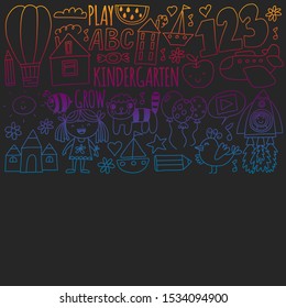 Vector pattern for kindergarten banners, posters with moon, planet, spaceship, rocket, sun, fruits, house, flowers. Creativity and imagination.