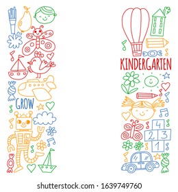 Vector pattern for kindergarten banners, posters with moon, planet, spaceship, rocket, sun, fruits, house, flowers. Creativity and imagination.