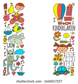 Vector pattern for kindergarten banners, posters with moon, planet, spaceship, rocket, sun, fruits, house, flowers. Creativity and imagination.