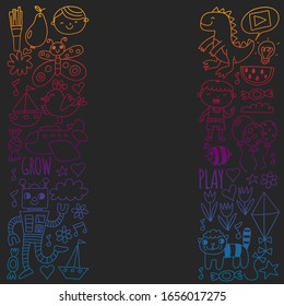 Vector pattern for kindergarten banners, posters with moon, planet, spaceship, rocket, sun, fruits, house, flowers. Creativity and imagination.