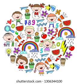 Vector pattern with kindergarten, school children. Happy children illustration.