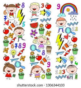 Vector pattern with kindergarten, school children. Happy children illustration.