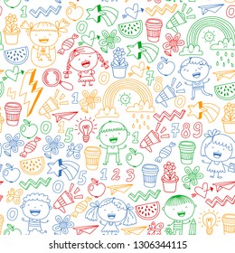 Vector pattern with kindergarten, school children. Happy children illustration.