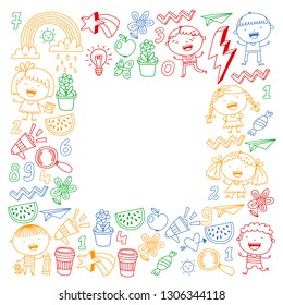 Vector pattern with kindergarten, school children. Happy children illustration.