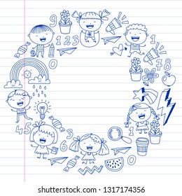 Vector pattern with kindergarten, school children. Happy children illustration.