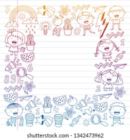 Vector pattern with kindergarten, school children. Happy children illustration.