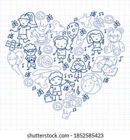 Vector pattern. Kindergarten and toys. Little children game. Kids playground. Education, creativity, imagination.