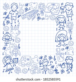 Vector pattern. Kindergarten and toys. Little children game. Kids playground. Education, creativity, imagination.
