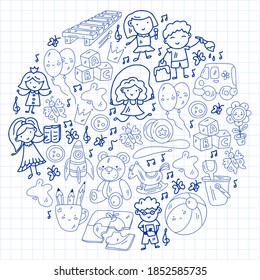 Vector pattern. Kindergarten and toys. Little children game. Kids playground. Education, creativity, imagination.