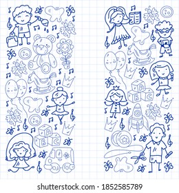 Vector pattern. Kindergarten and toys. Little children game. Kids playground. Education, creativity, imagination.