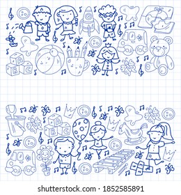 Vector pattern. Kindergarten and toys. Little children game. Kids playground. Education, creativity, imagination.