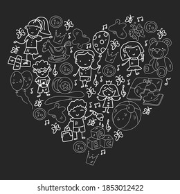 Vector pattern. Kindergarten and toys. Little children game. Kids playground. Education, creativity, imagination.