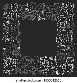 Vector pattern. Kindergarten and toys. Little children game. Kids playground. Education, creativity, imagination.