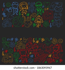 Vector pattern. Kindergarten and toys. Little children game. Kids playground. Education, creativity, imagination.