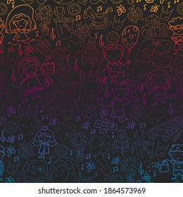 Vector pattern. Kindergarten and toys. Little children game. Kids playground. Education, creativity, imagination.