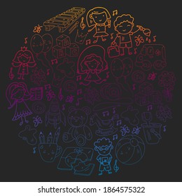 Patrón vectorial. Jardín de niños y juguetes. Los niños pequeños juegan. Parque infantil. Educación, creatividad, imaginación.