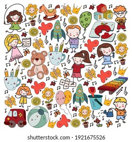 Vector pattern. Kindergarten and toys. Little children game. Kids playground. Education, creativity, imagination.
