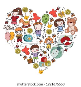 Vector pattern. Kindergarten and toys. Little children game. Kids playground. Education, creativity, imagination.