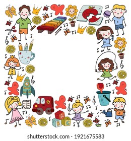 Vector pattern. Kindergarten and toys. Little children game. Kids playground. Education, creativity, imagination.